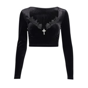 Tops gothiques noirs dentelle femme - Image 1